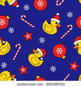 
Yellow rubber ducklings  in red Christmas Santa hats , Christmas balls, stars, snowflakes and candy canes on a bright blue background.  Vector seamless pattern in cartoon style.