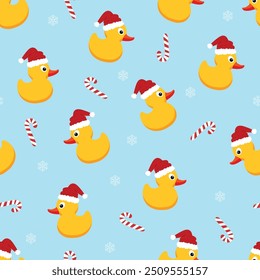 Patos de goma amarillos en Navidades rojas Sombreros de Santa, copos de nieve y bastones de caramelo sobre un fondo azul brillante. Patrón de repetición sin fisuras de Vector.