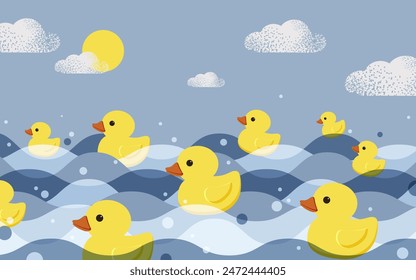 Los patitos de caucho amarillos nadan en las olas del mar o el río. Día Nacional del Pato de Goma de Festiva. Vector.