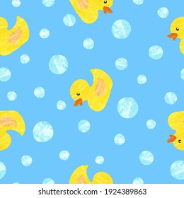 Yellow rubber ducks and bubbles vector illustration. Seamless pattern.