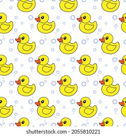 Patos de goma amarillos y burbujas de jabón sobre fondo blanco. Patrón sin foco. Vector.