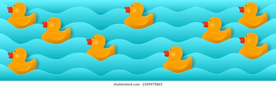 Patos de goma amarillos en las olas. Objetos vectoriales 3d en un fondo de capas