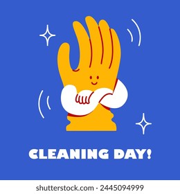 The yellow rubber glove is smiling. Funny cute character. Cleaning day sticker.