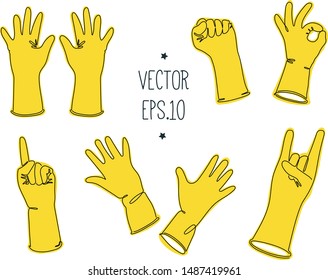 yellow rubber gloves for gardening and homework. Vector isolated image set.