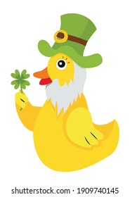 Yellow rubber leprechaun duck with green hat and four-leaf clover and St. Patrick's Day