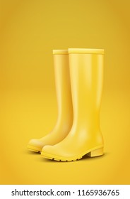 Yellow rubber rain boots on yellow background. Fashion Symbol of autumn season. Poster for magazine and shop sale advertise. Vector illustration