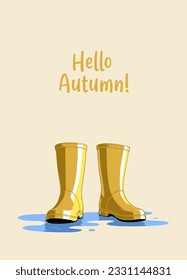 Botas de goma amarillas de lluvia paradas en un charco de agua con Hello Autumn escrito sobre ellos. Ilustración del vector