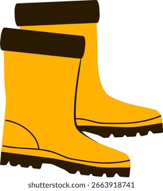 Botas de lluvia de goma amarilla Vector Ilustración. Perfecto para la jardinería, la agricultura o las actividades al aire libre de otoño y primavera, este elemento decorativo es ideal para proyectos de temporada, iconos y diseños divertidos