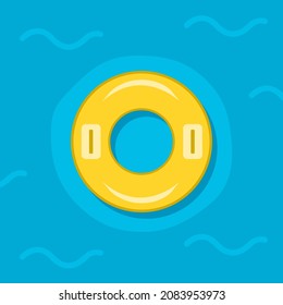 Yellow rubber ring inflatable swim floating on blue water sea or pool swimming flat vector design.