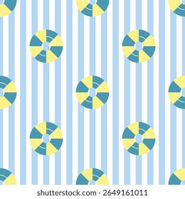 Yellow rubber ring on a stripe blue and white background. Summer seamless pattern for clothing, fabric, wallpaper, backdrop, home decoration, cover book, and wall art. 