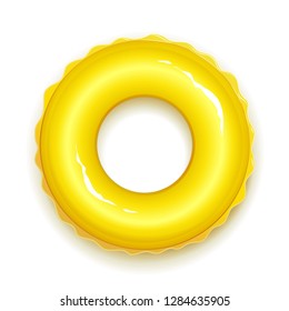Yellow rubber ring for swiming in pool and sea. Summer time symbol. Realistic circle toy. Isolated white background. EPS10 vector illustration.