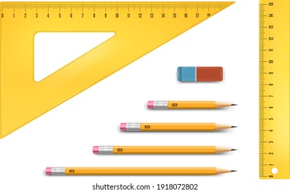 Yellow ruler instruments and pencil, school equipment vector illustration.