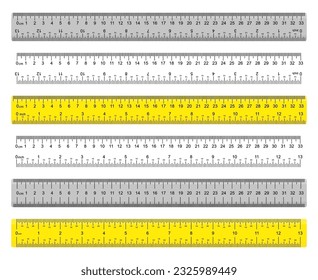 
A yellow ruler marked with centimeters, inches and combined rectangular shapes. Output inch line. Vector graphics on a white background.