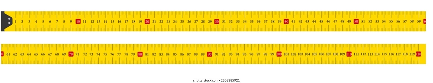 Gelbes Lineal zur Messung der Länge in cm.
Langes metrisches Band mit Maßstab. Bandmaß mit einem Metallmesser zum Messen in Millimetern, Zentimetern und Metern. Vektorgrafik.