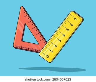 Yellow ruler and orange triangle ruler in flat cartoon style. Cute vector illustration of school measuring tools, perfect for education, mathematics, geometry, drafting, stationery, classroom materials, stickers, icons, and printable designs.