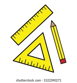 Yellow Ruler , Pencil And Triangle Icon On White Background Vector / Illustration