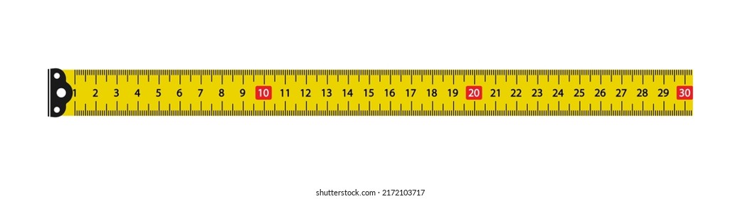 Gelber Lineal mit Skalenmetrie. Messband mit 30 cm. Tapeline mit Millimeter und Zentimeter. Metalllange Maßband mit professioneller Präzision für Konstruktion und Tischlerei. Vektorgrafik.