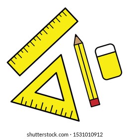 Yellow Ruler , Triangle , Pencil And Eraser Icon Vector / Illustration