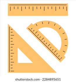 Yellow rulers set vector isolated. Collection of school supplies, length and angle measurement equipment. Protractor and triangle ruler. Back to school.