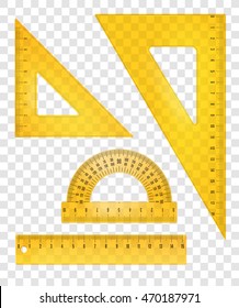 Yellow rulers and triangles set. Vector transparent objects