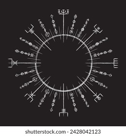 Yellow runic Scandinavian symbol with dragon circle and Vegvisir sign for Scandinavian tattoo design isolated on black background