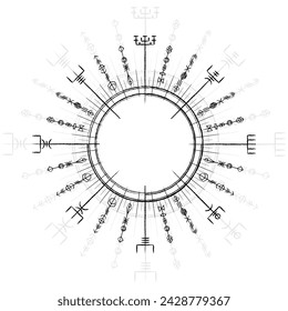 Yellow runic Scandinavian symbol with dragon circle and Vegvisir sign for Scandinavian tattoo design isolated on black background