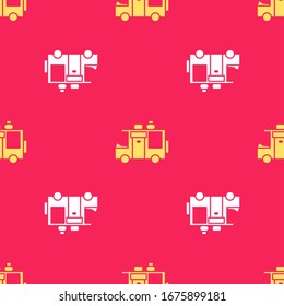 Yellow Rv Camping trailer icon isolated seamless pattern on red background. Travel mobile home, caravan, home camper for travel.  Vector Illustration