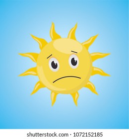Yellow sad cartoon sun symbol. Vector illustration, isolated on blue background. Cute icon of the sun. Vector graphic illustration EPS 10.