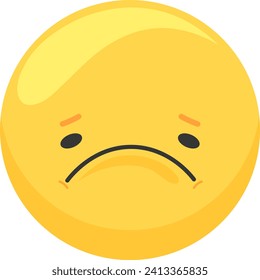 Yellow sad face emoji with a frown and downturned eyes. Emoticon showing feelings of unhappiness or dissatisfaction vector illustration.