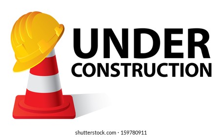 Yellow safety cap worker on red cone. Under construction concept. Vector illustration