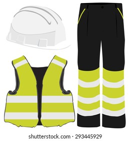 Yellow safety clothing vector icon set with safety vest, pants and white hardhat helmet. Safety equipment. Protective workwear