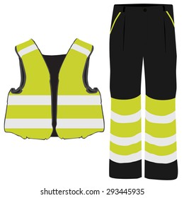 Yellow safety clothing vector icon set with safety vest and pants. Safety equipment. Protective workwear