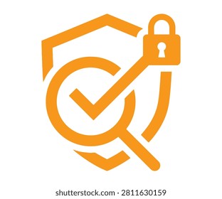 Yellow safety guard shield armor housing central checkmark keyhole and key security credentials validation icon. Authorized identity verification firewall symbol.