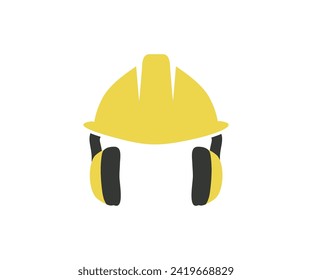 Yellow safety helmet or hard cap and earphones muffs icon.  Construction, labor and engineering symbols. Workwear, helmet construction and earphones muff vector design and illustration.
