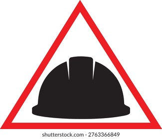 Yellow safety helmet hard hat warning triangle caution sign vector illustration isolated on white background