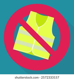 Yellow safety jacket with a circular red strikethrough prohibition symbol on a blue background with long shadow in flat design style