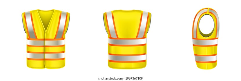 Yellow safety vest with reflective stripes, uniform for construction works, drivers and road workers. Vector realistic 3d waistcoat with reflectors in front side back view isolated on white background