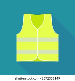 Yellow safety vest with reflective stripes on a blue background with long shadow (flat design)