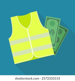 Yellow safety vest with reflective stripes with a bundle of dollar bills in flat design style