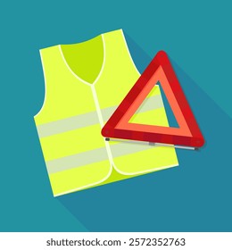 Yellow safety vest with reflective stripes and reflective red road warning folding triangle on blue background with long shadow (flat design)