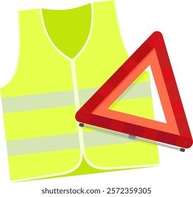 Yellow safety vest with reflective stripes and reflective red road warning folding triangle in flat design style (cut out)