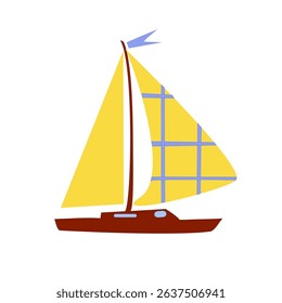 Yellow sails, brown yacht with flag, blue illuminators on white background. Vector illustration. Sea elements for greeting cards, decoration, magazines, banners, menu, patterns and designs