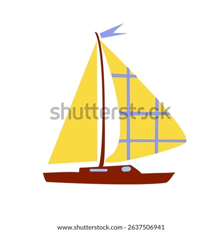 Yellow sails, brown yacht with flag, blue illuminators on white background. Vector illustration. Sea elements for greeting cards, decoration, magazines, banners, menu, patterns and designs