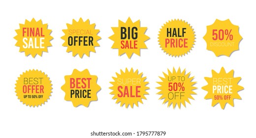 Yellow sale starburst sticker set - collcetion of star edge round labels and badges with best offer and discount signs. Sale and special price yellow buttons and stickers for promotion pricetag.