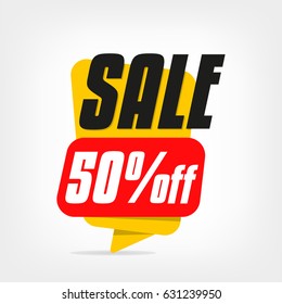 Yellow sale tag isolated on background. 50% off, half price. Sale banner design. Vector