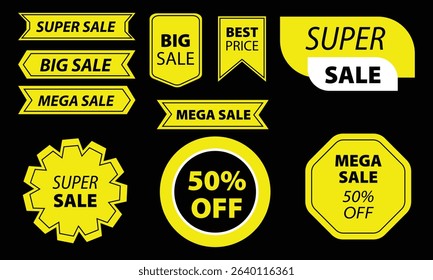 Yellow Sale Tags and Discount Badges on Black Background for Marketing and Promotion