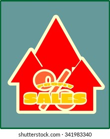 Yellow sales and profit text. Sales progress sticker. Relative for retail business. Red arrows rise up