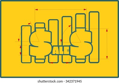 Yellow sales text on chart diagram. Sales progress sticker. Relative for retail business. Bars silhouettes rise up. Measures lines