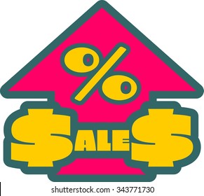 Yellow sales text on dollar sign. Sales progress sticker. Relative for retail business. Red arrows with percent sign rise up