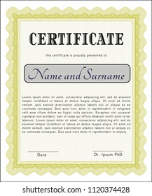 Yellow Sample Certificate. Artistry design. With great quality guilloche pattern. Vector illustration. 